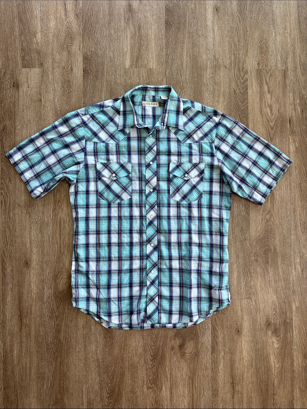 Roper Plaid Pearl Snap Short Sleeve Shirt‎ Teal & White Large Western